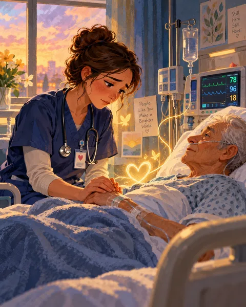 En sjuksköterska håller en äldre patients hand i ett varmt upplyst sjukhusrum.